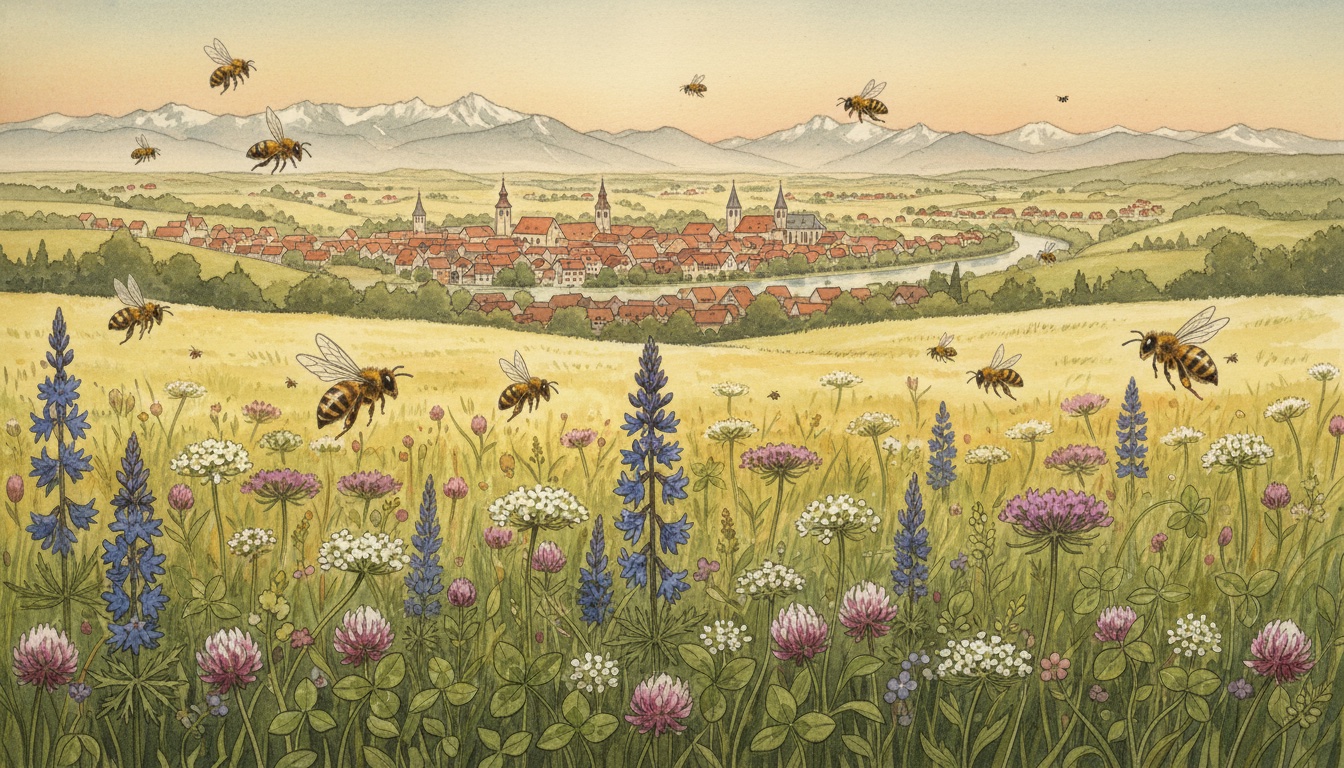 Bienen und Wildbienen in Günzburg (Bayern) — Aquarell-Illustration der lokalen Habitate