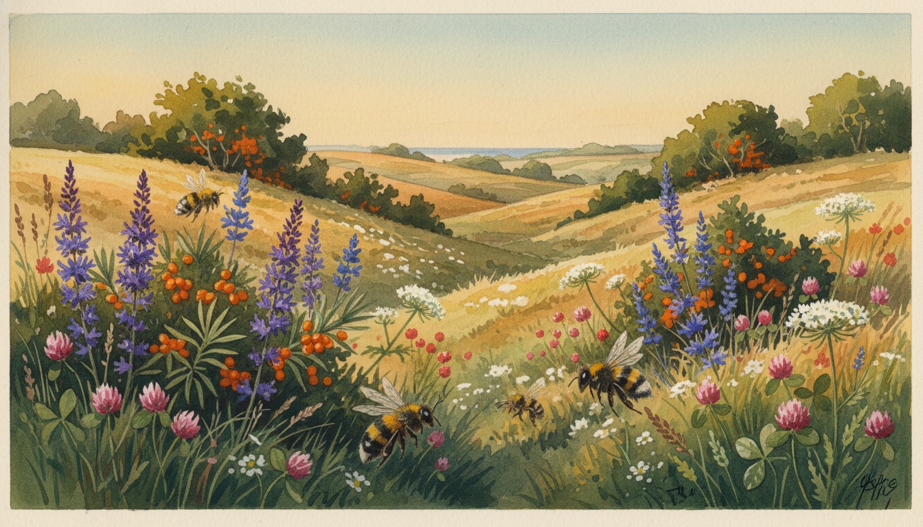Bienen und Wildbienen in Güstrow (Mecklenburg-Vorpommern) — Aquarell-Illustration der lokalen Habitate
