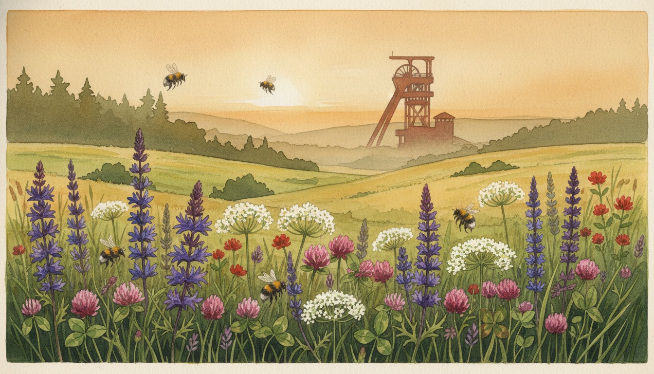 Bienen und Wildbienen in Gütersloh (Nordrhein-Westfalen) — Aquarell-Illustration der lokalen Habitate