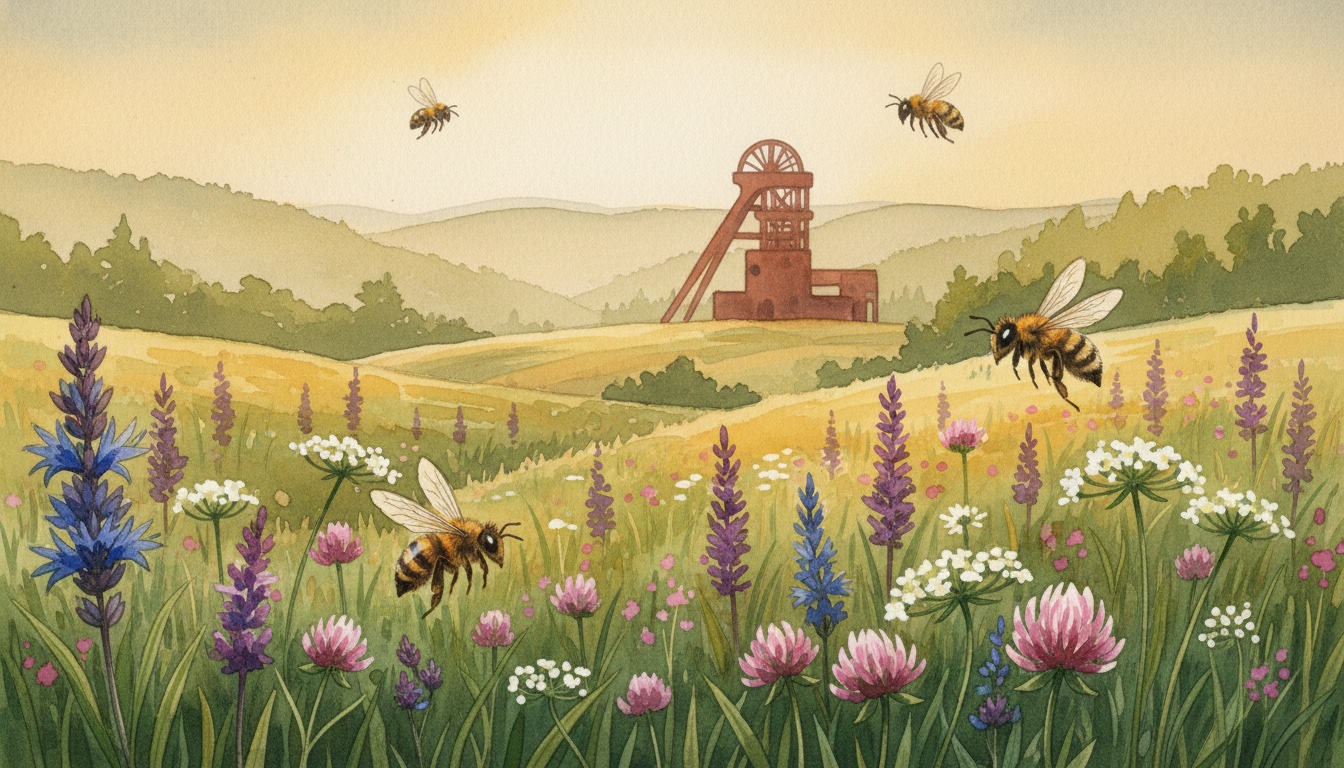 Bienen und Wildbienen in Gummersbach (Nordrhein-Westfalen) — Aquarell-Illustration der lokalen Habitate