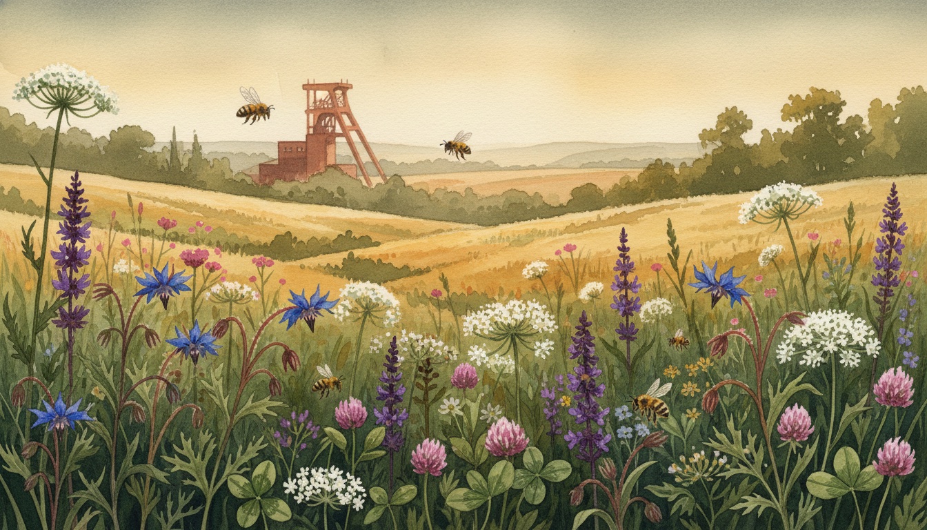 Bienen und Wildbienen in Hagen (Nordrhein-Westfalen) — Aquarell-Illustration der lokalen Habitate