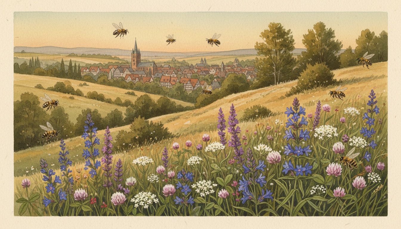 Bienen und Wildbienen in Halberstadt (Sachsen-Anhalt) — Aquarell-Illustration der lokalen Habitate