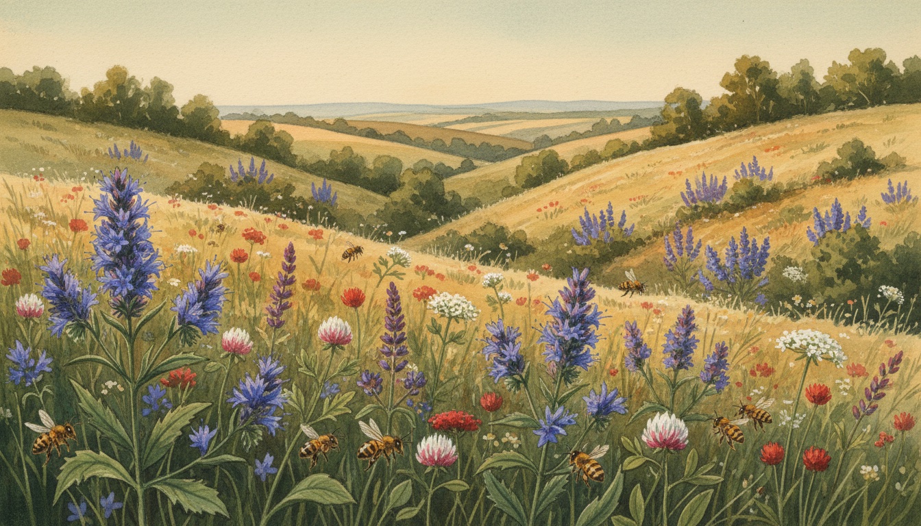 Bienen und Wildbienen in Haldensleben (Sachsen-Anhalt) — Aquarell-Illustration der lokalen Habitate