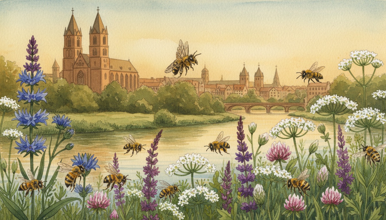 Bienen und Wildbienen in Halle (Saale) (Sachsen-Anhalt) — Aquarell-Illustration der lokalen Habitate