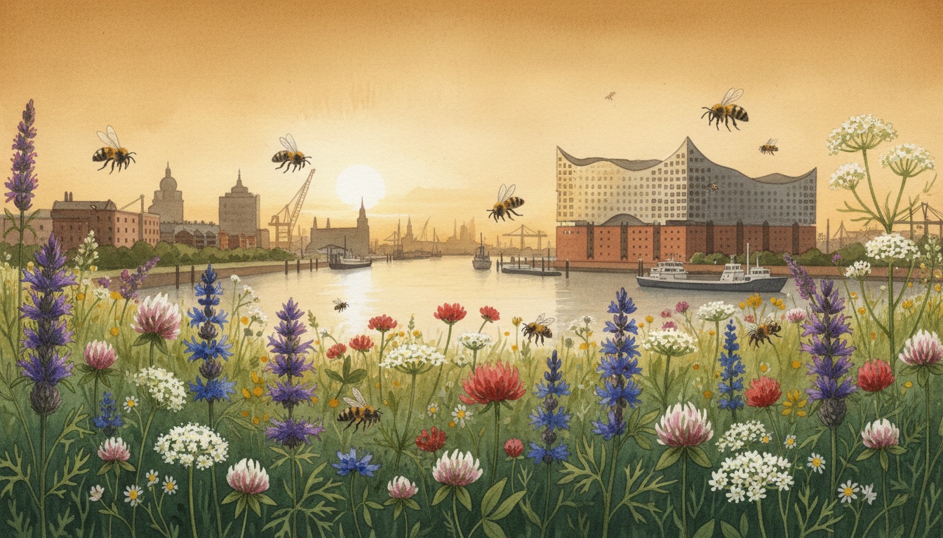 Bienen und Wildbienen in Hamburg (Hamburg) — Aquarell-Illustration der lokalen Habitate