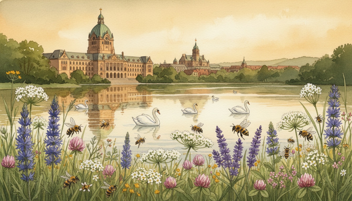 Bienen und Wildbienen in Hannover (Niedersachsen) — Aquarell-Illustration der lokalen Habitate