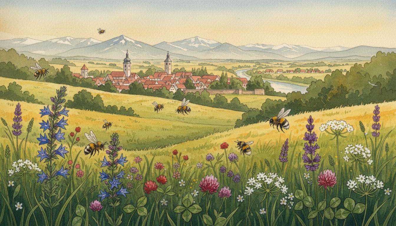Bienen und Wildbienen in Haßfurt (Bayern) — Aquarell-Illustration der lokalen Habitate