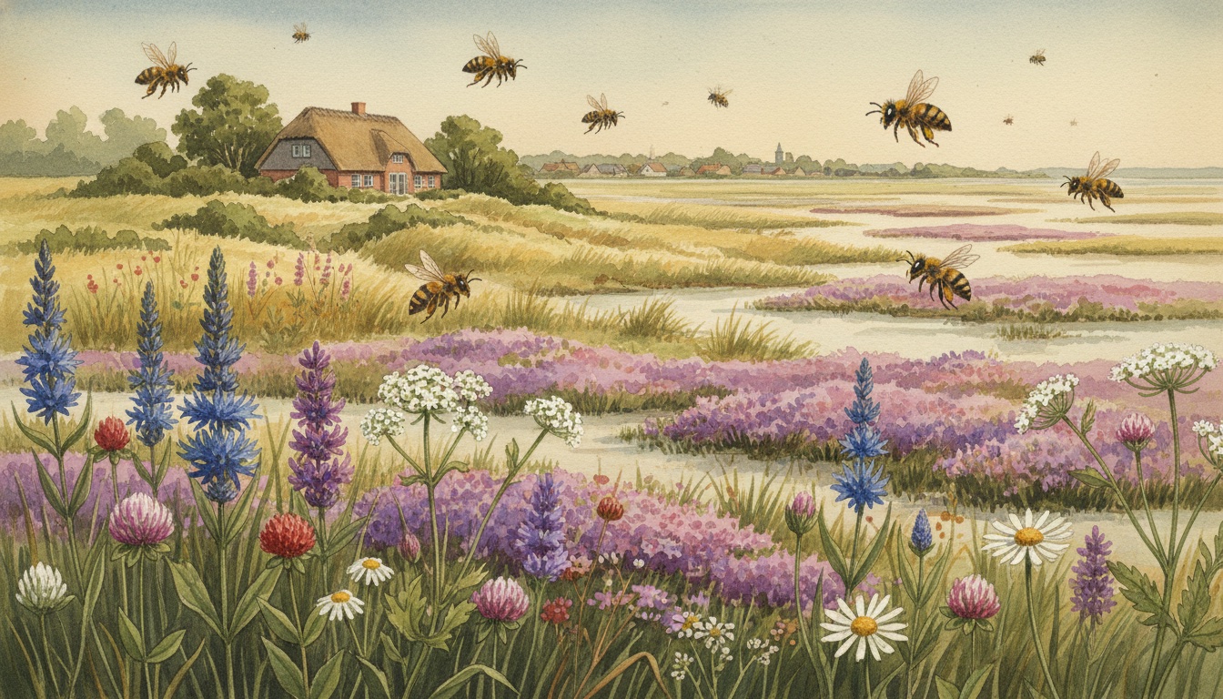 Bienen und Wildbienen in Heide (Schleswig-Holstein) — Aquarell-Illustration der lokalen Habitate