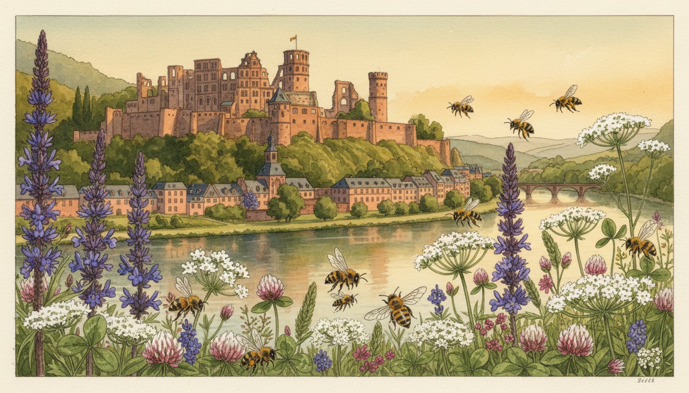Bienen und Wildbienen in Heidelberg (Baden-Württemberg) — Aquarell-Illustration der lokalen Habitate