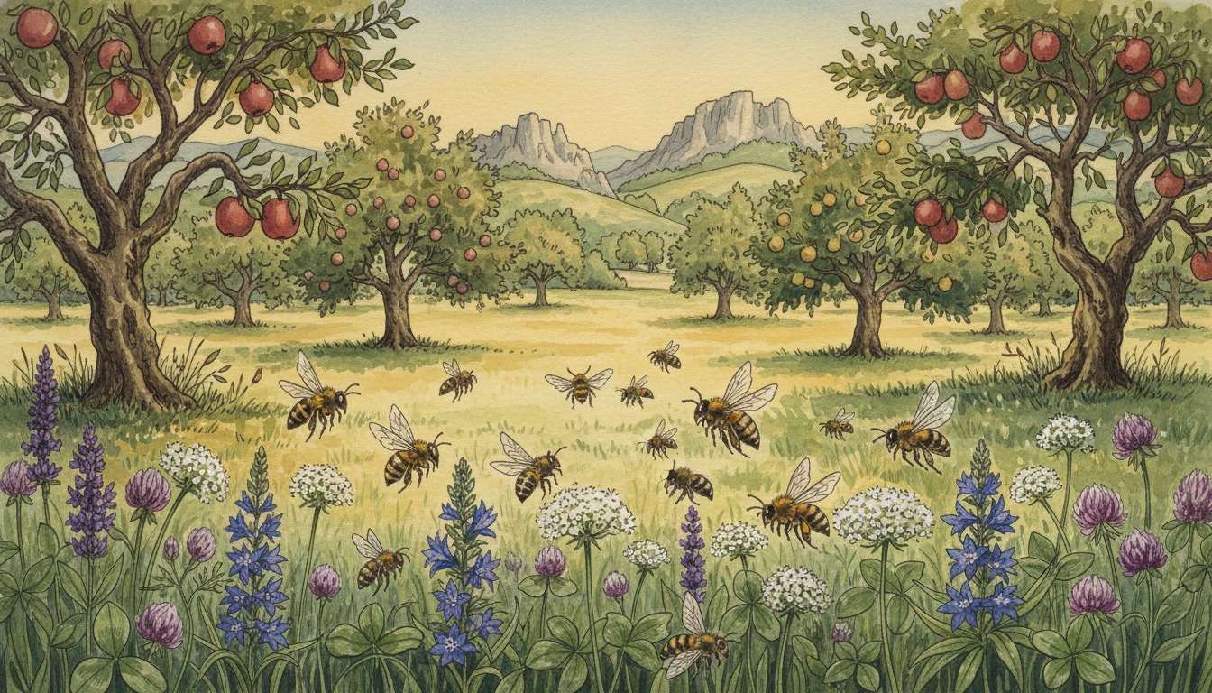 Bienen und Wildbienen in Heidenheim an der Brenz (Baden-Württemberg) — Aquarell-Illustration der lokalen Habitate