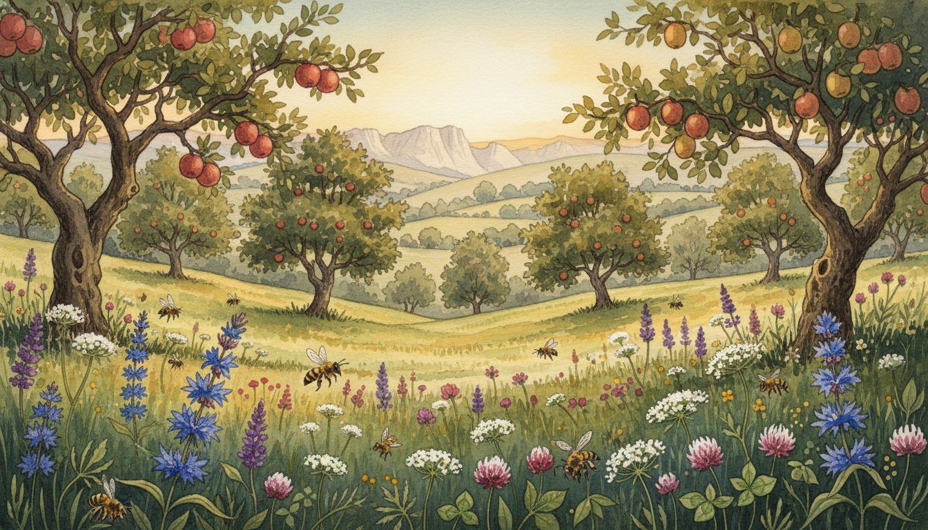 Bienen und Wildbienen in Heilbronn (Baden-Württemberg) — Aquarell-Illustration der lokalen Habitate