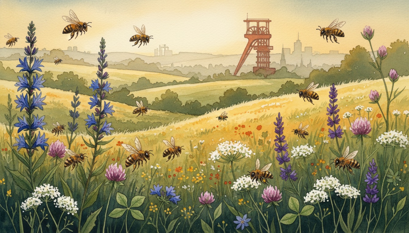 Bienen und Wildbienen in Heinsberg (Nordrhein-Westfalen) — Aquarell-Illustration der lokalen Habitate