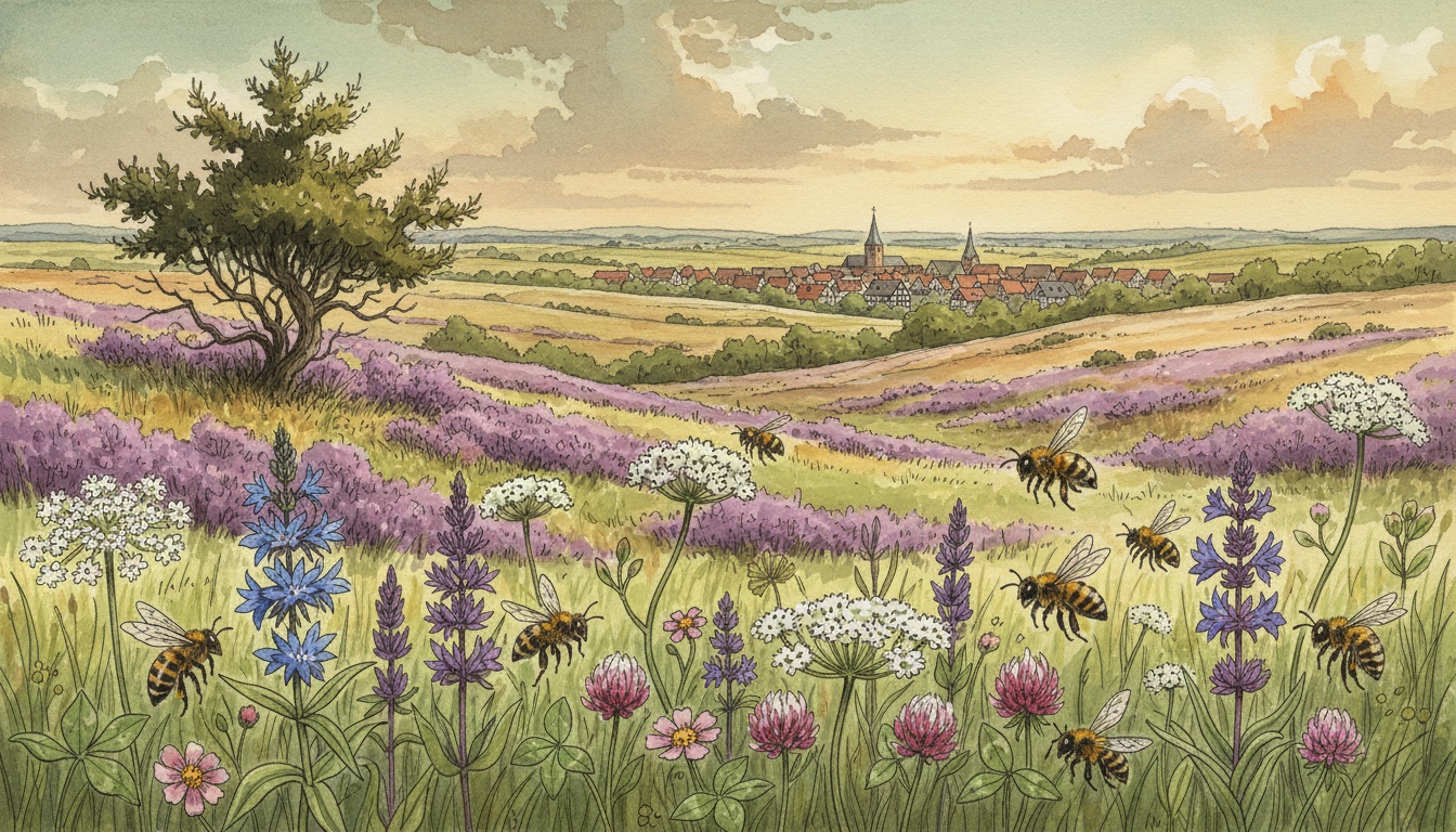 Bienen und Wildbienen in Helmstedt (Niedersachsen) — Aquarell-Illustration der lokalen Habitate