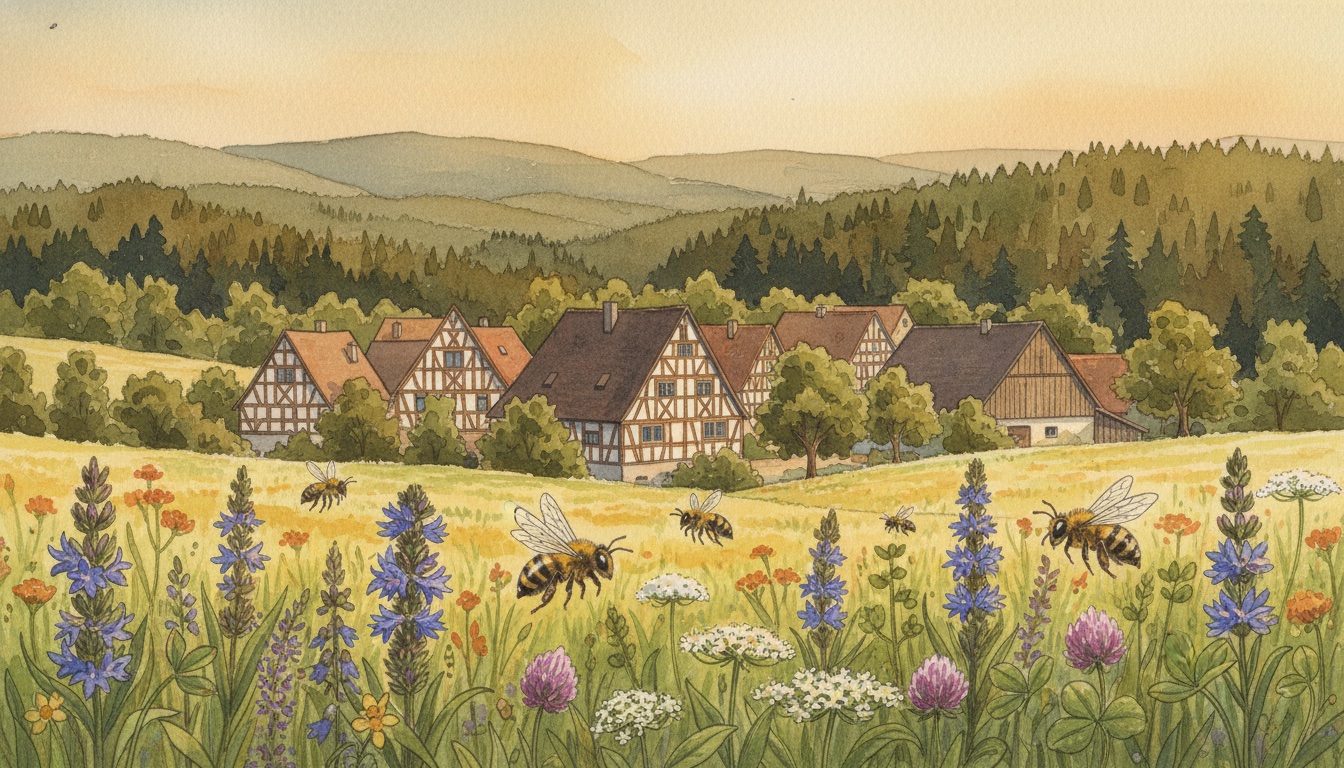 Bienen und Wildbienen in Heppenheim (Hessen) — Aquarell-Illustration der lokalen Habitate