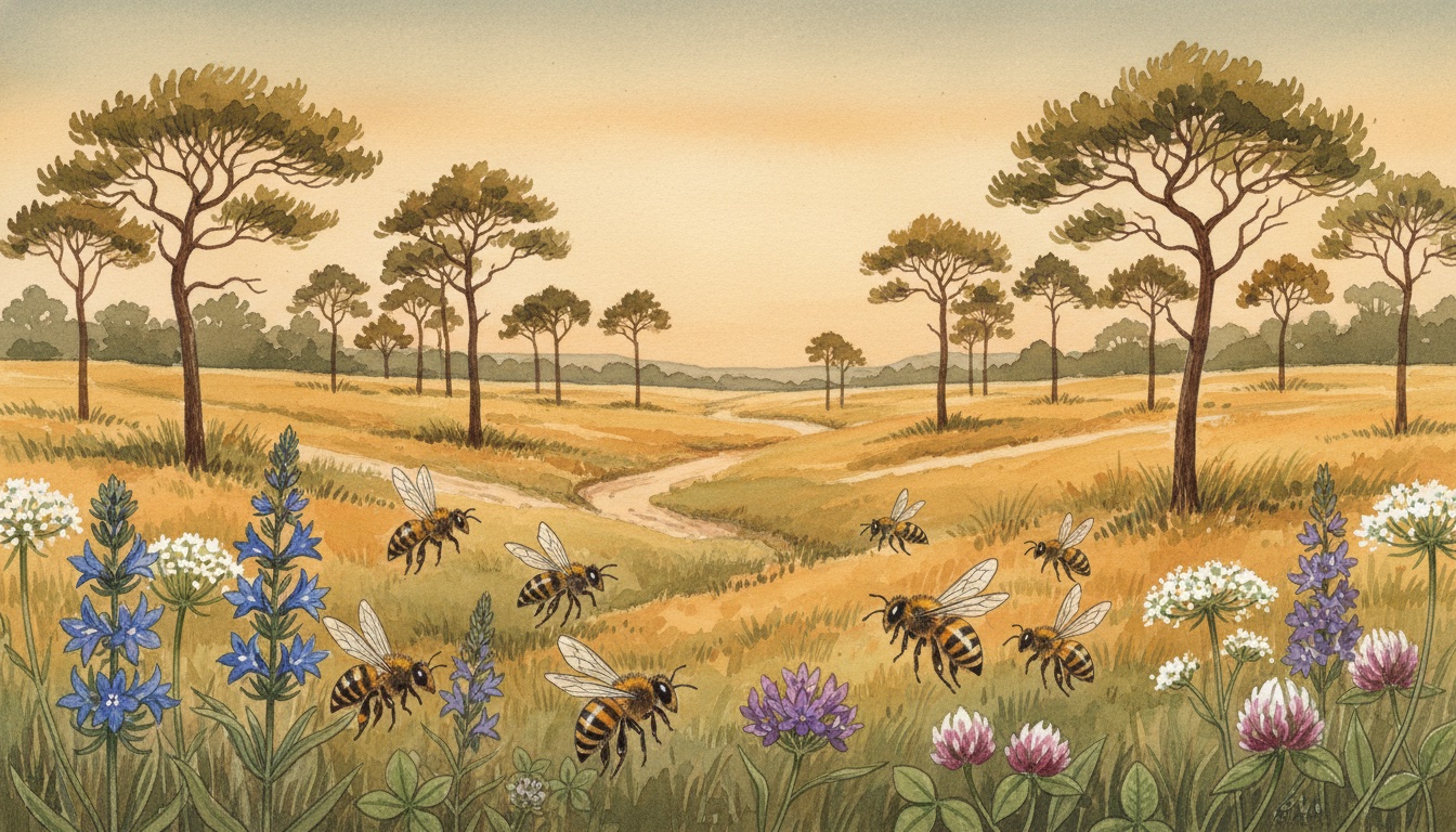 Bienen und Wildbienen in Herzberg (Elster) (Brandenburg) — Aquarell-Illustration der lokalen Habitate