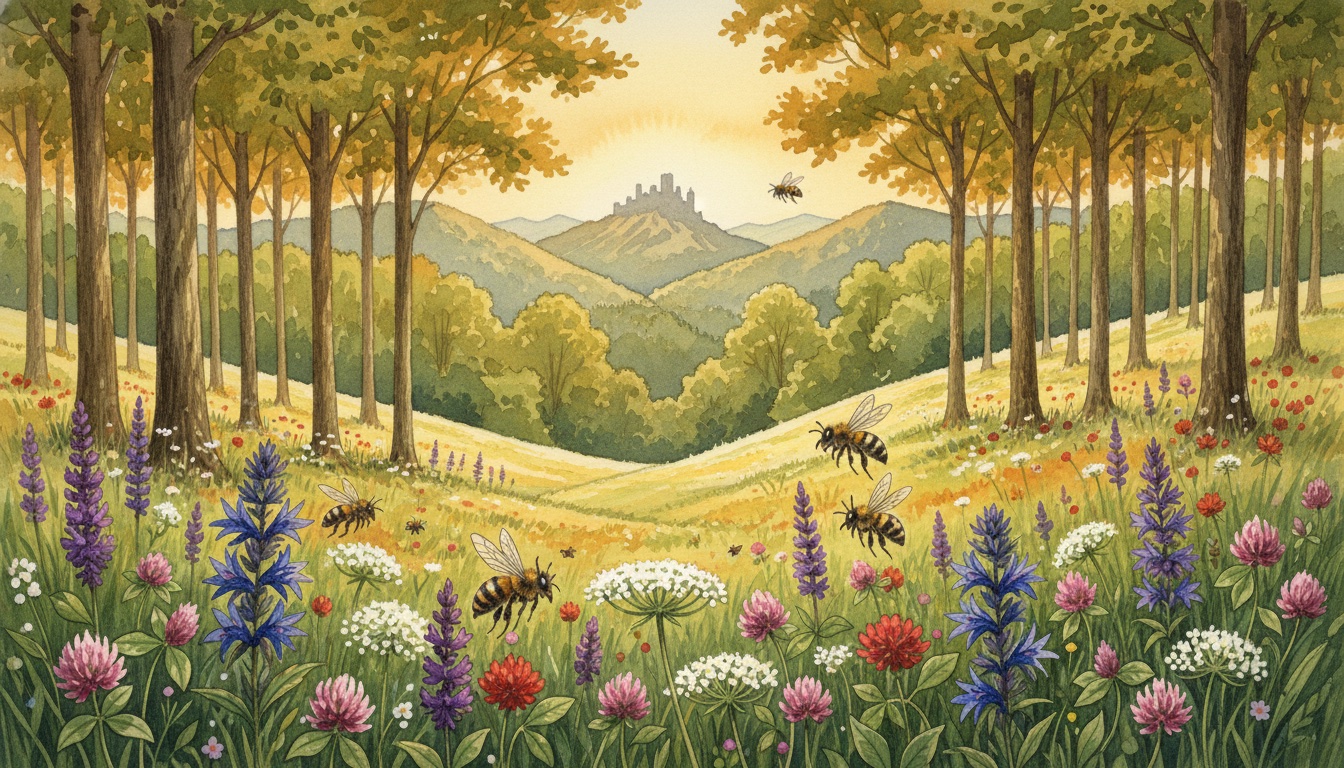 Bienen und Wildbienen in Hildburghausen (Thüringen) — Aquarell-Illustration der lokalen Habitate