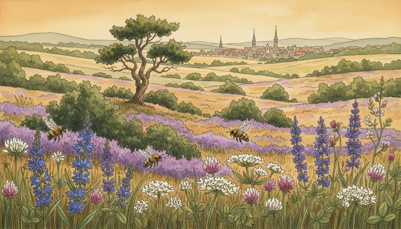 Bienen und Wildbienen in Hildesheim (Niedersachsen) — Aquarell-Illustration der lokalen Habitate