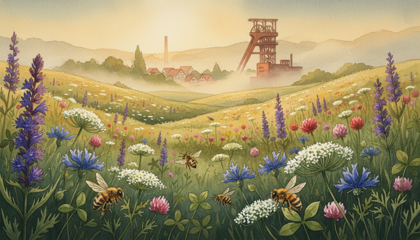 Bienen und Wildbienen in Höxter (Nordrhein-Westfalen) — Aquarell-Illustration der lokalen Habitate