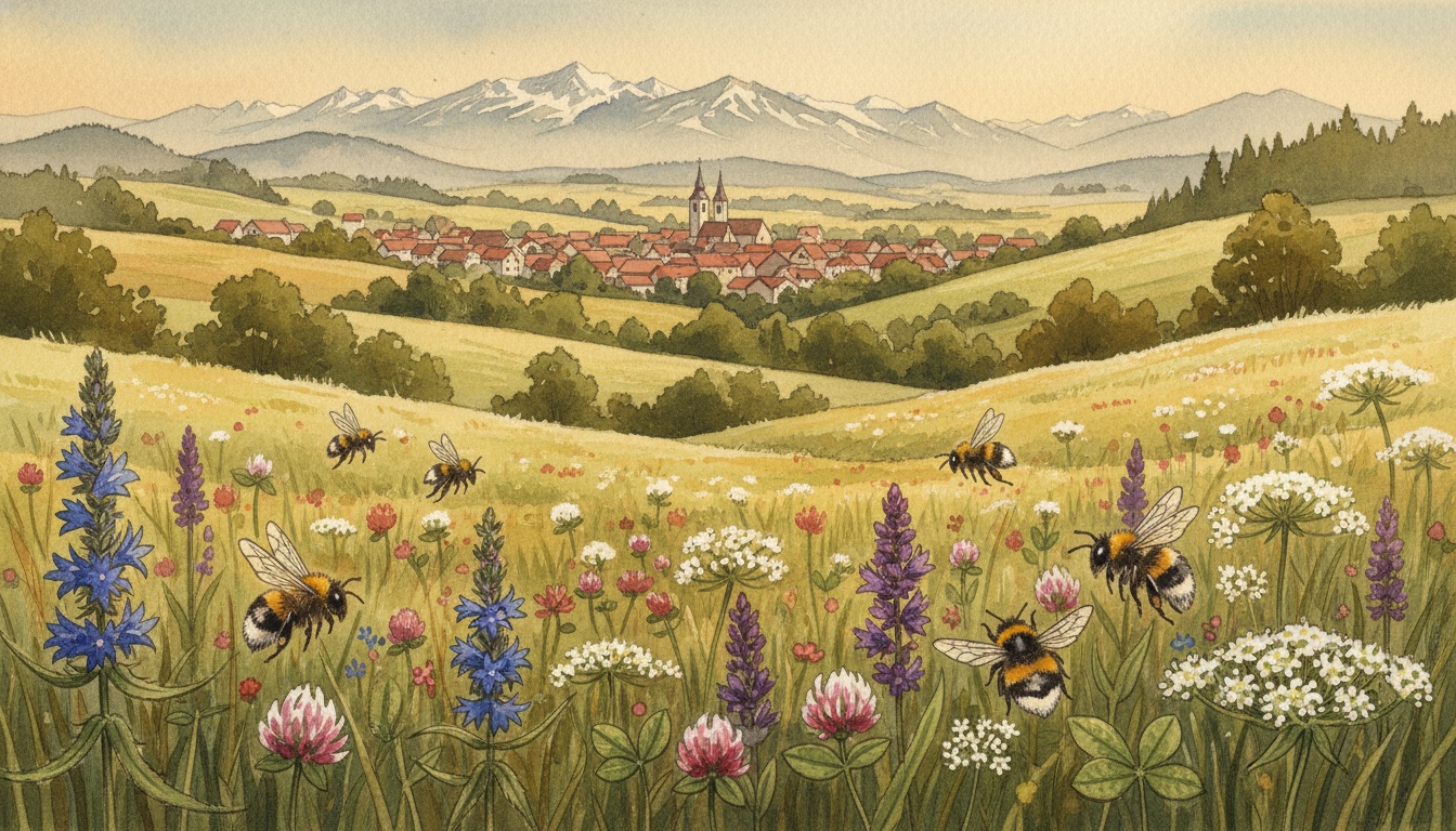 Bienen und Wildbienen in Hof (Bayern) — Aquarell-Illustration der lokalen Habitate