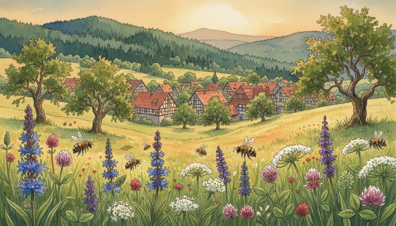 Bienen und Wildbienen in Hofheim am Taunus (Hessen) — Aquarell-Illustration der lokalen Habitate