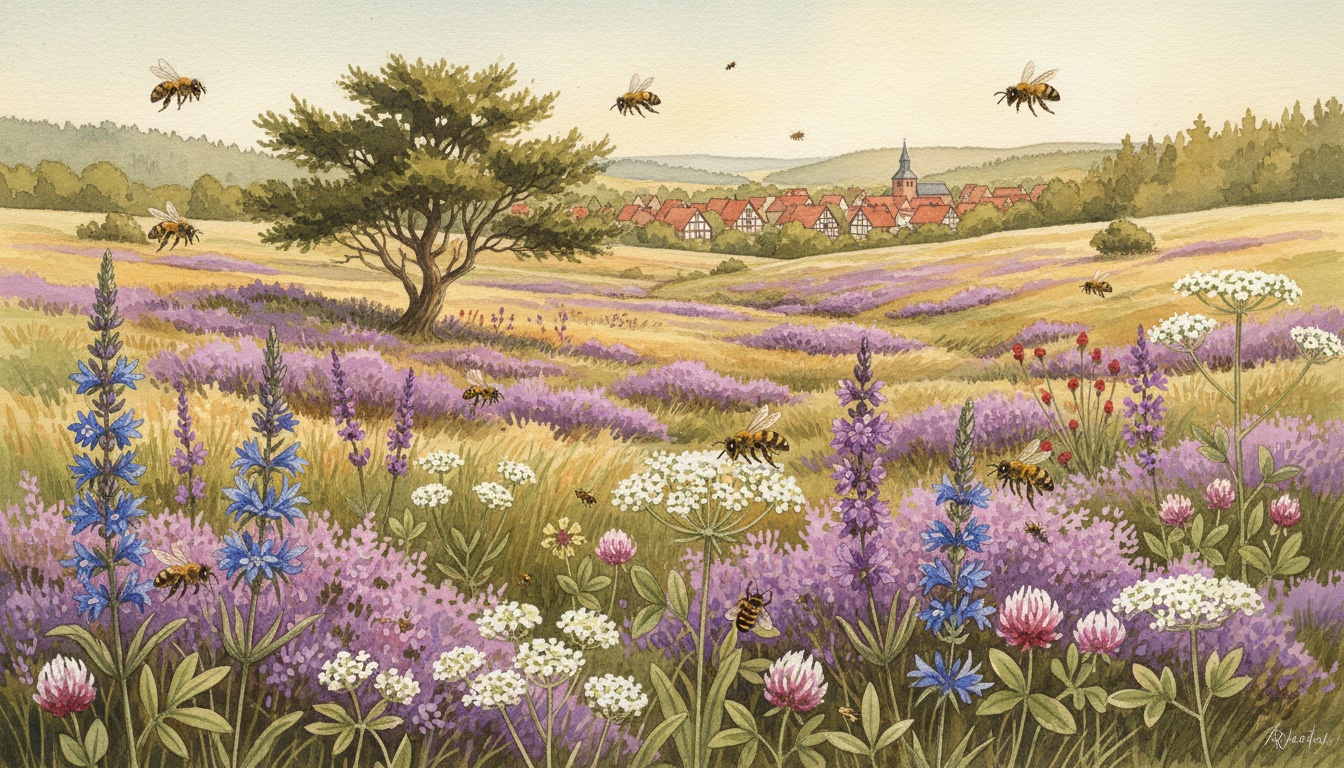 Bienen und Wildbienen in Hohenhameln (Mehrum) (Niedersachsen) — Aquarell-Illustration der lokalen Habitate