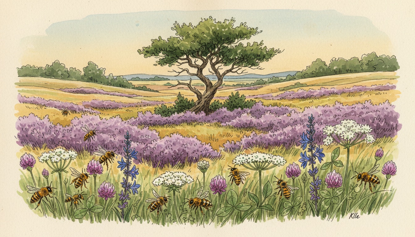 Bienen und Wildbienen in Holzminden (Niedersachsen) — Aquarell-Illustration der lokalen Habitate