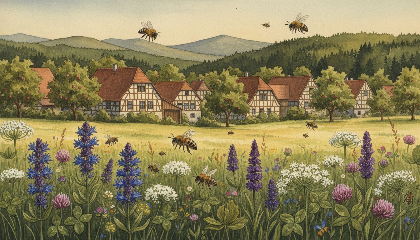 Bienen und Wildbienen in Homberg (Efze) (Hessen) — Aquarell-Illustration der lokalen Habitate