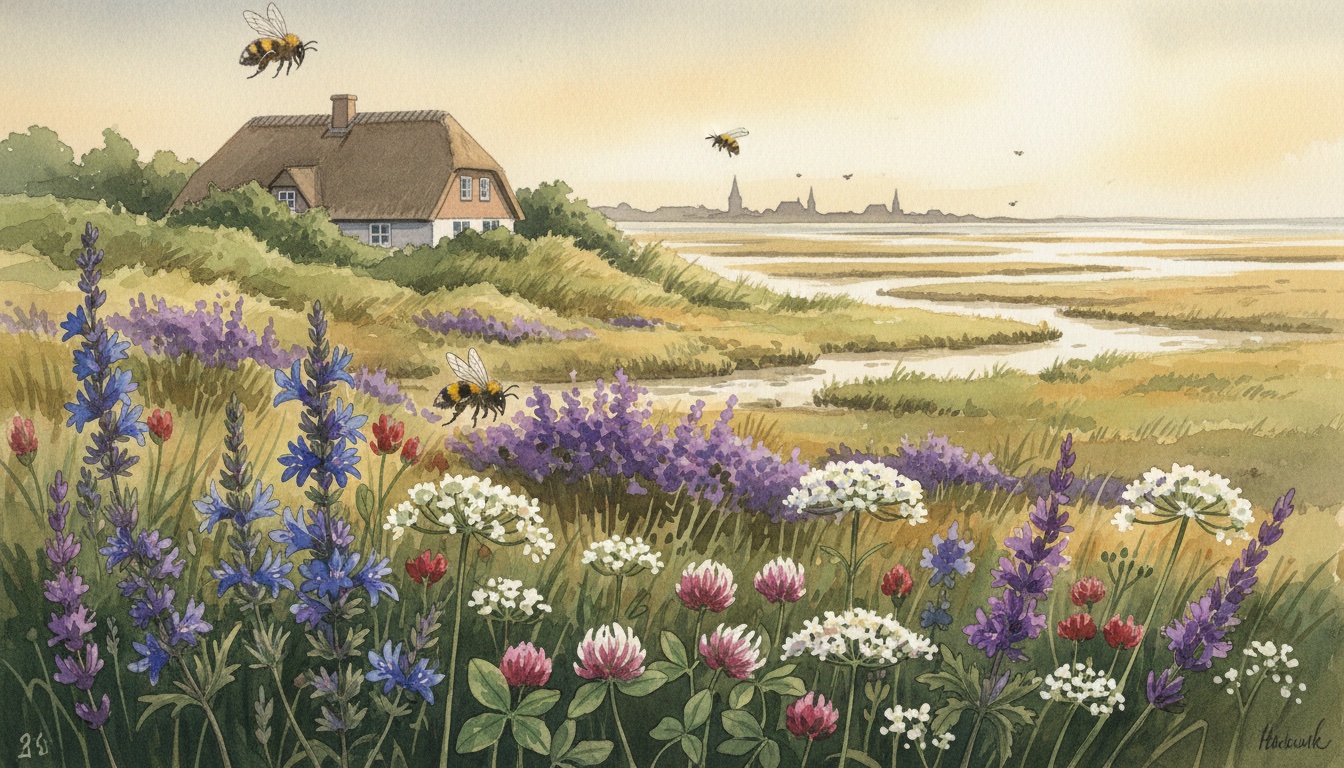 Bienen und Wildbienen in Husum (Schleswig-Holstein) — Aquarell-Illustration der lokalen Habitate