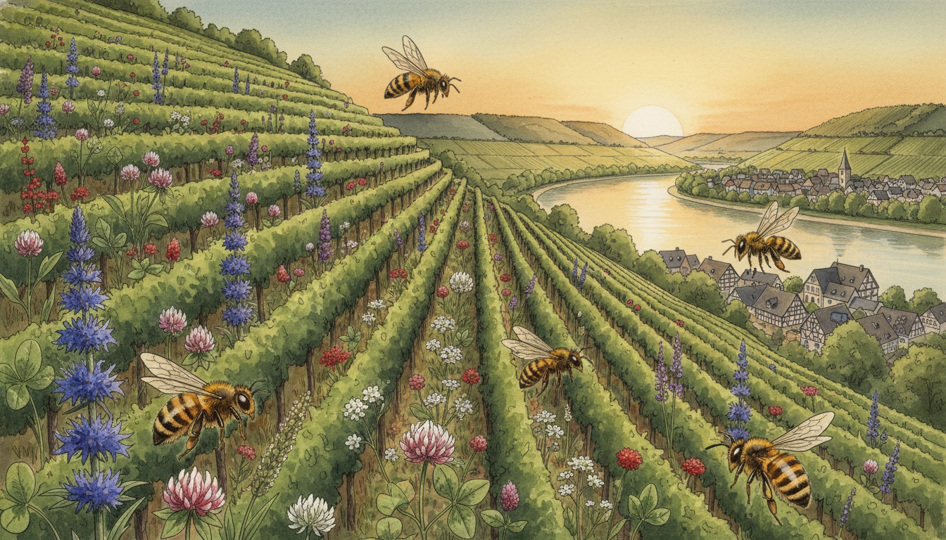 Bienen und Wildbienen in Ingelheim am Rhein (Rheinland-Pfalz) — Aquarell-Illustration der lokalen Habitate