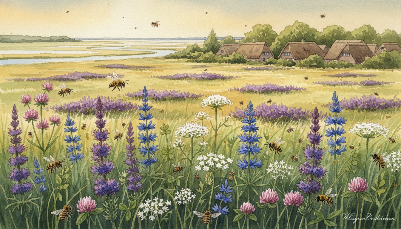 Bienen und Wildbienen in Itzehoe (Schleswig-Holstein) — Aquarell-Illustration der lokalen Habitate