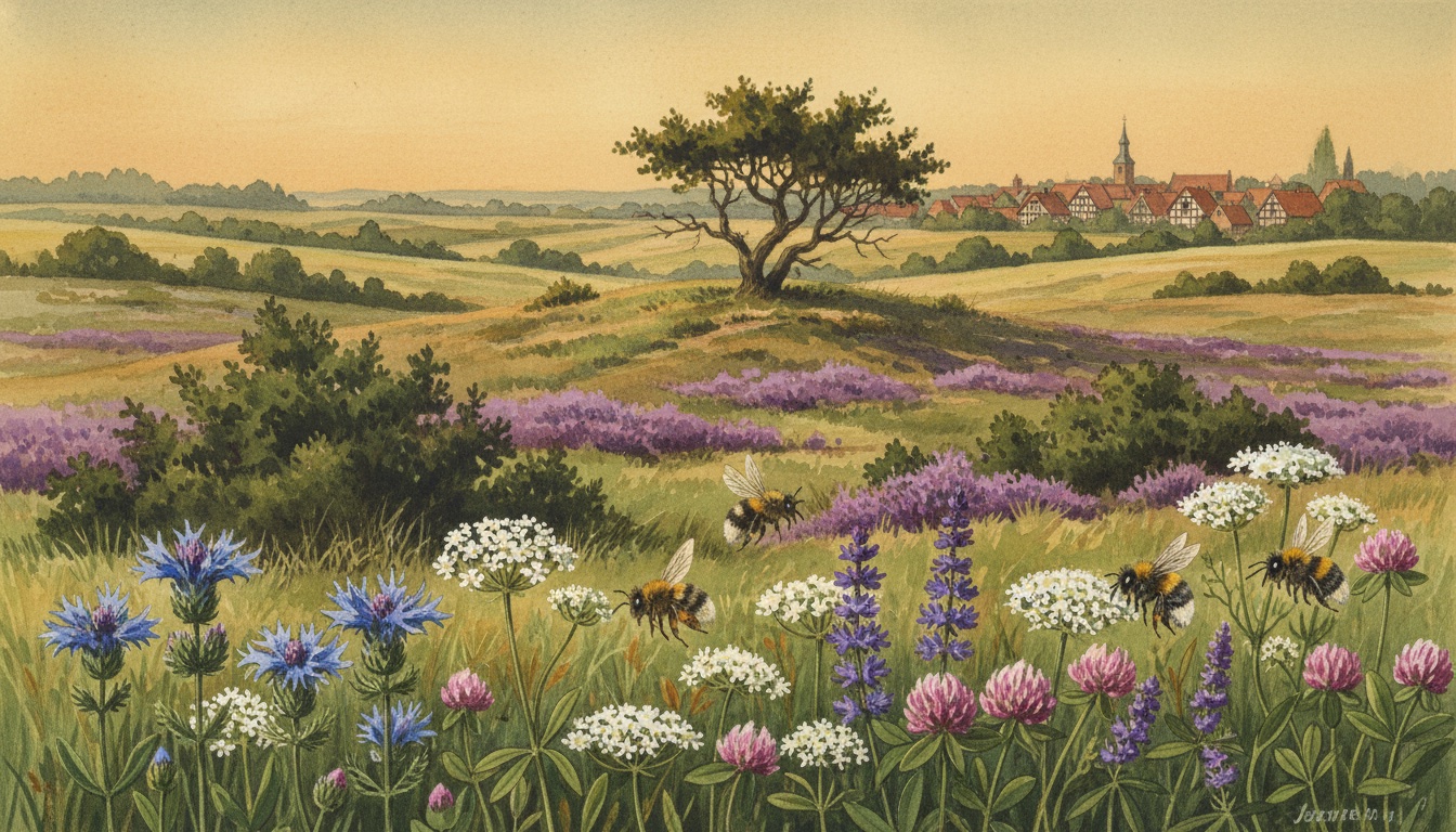 Bienen und Wildbienen in Jever (Niedersachsen) — Aquarell-Illustration der lokalen Habitate