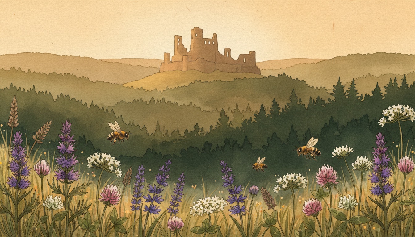 Bienen und Wildbienen in Kaiserslautern (Rheinland-Pfalz) — Aquarell-Illustration der lokalen Habitate