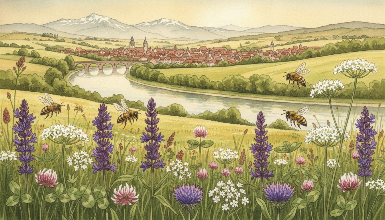 Bienen und Wildbienen in Karlstadt am Main (Bayern) — Aquarell-Illustration der lokalen Habitate