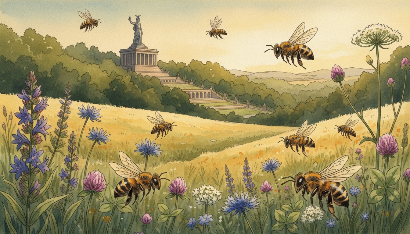 Bienen und Wildbienen in Kassel (Hessen) — Aquarell-Illustration der lokalen Habitate