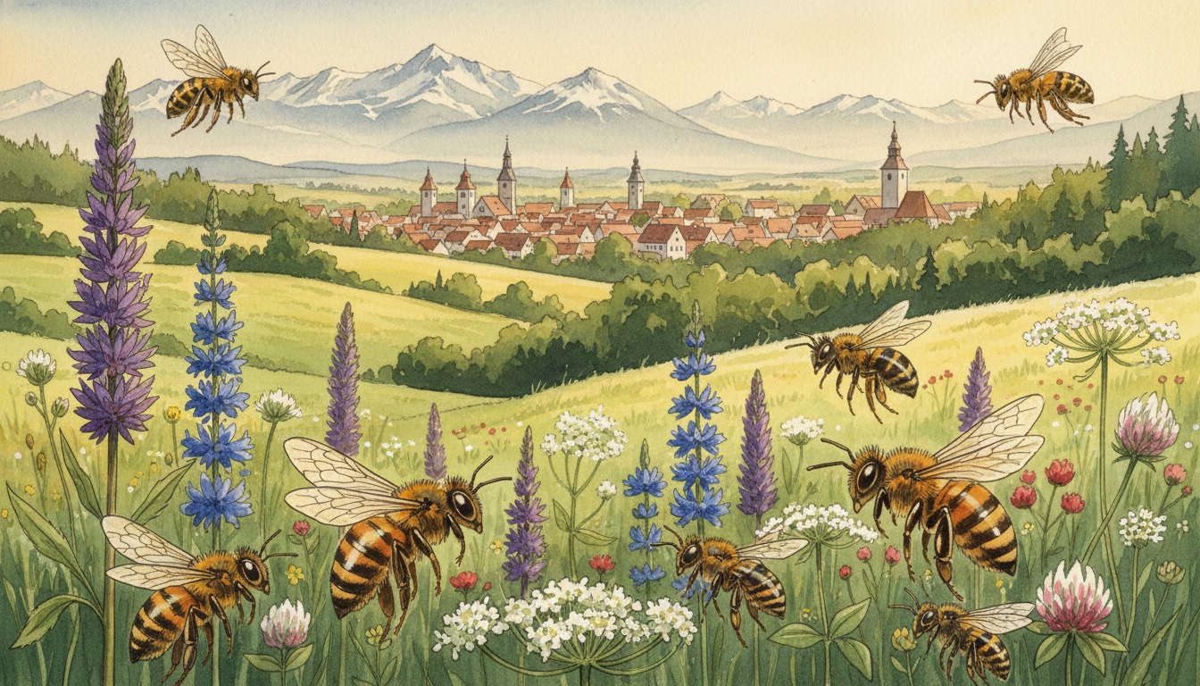 Bienen und Wildbienen in Kaufbeuren (Bayern) — Aquarell-Illustration der lokalen Habitate