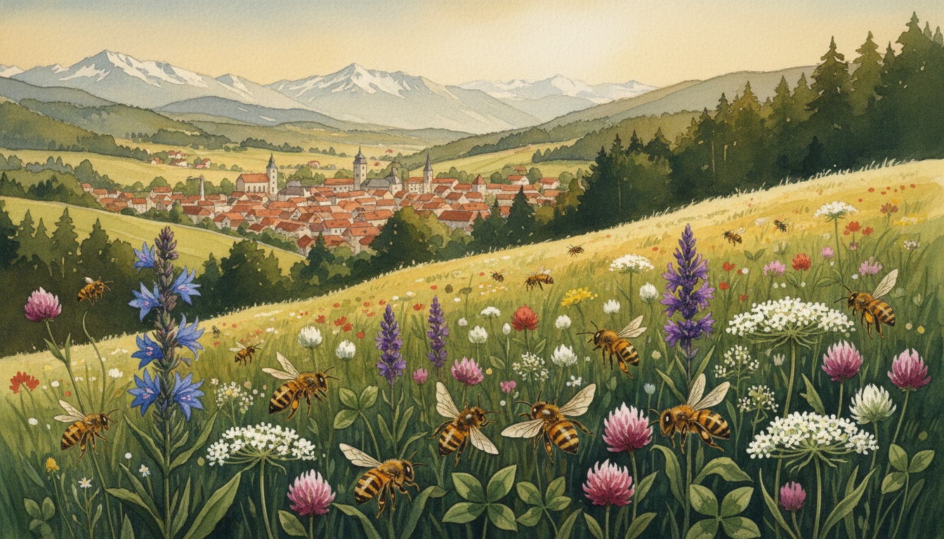 Bienen und Wildbienen in Kempten (Allgäu) (Bayern) — Aquarell-Illustration der lokalen Habitate