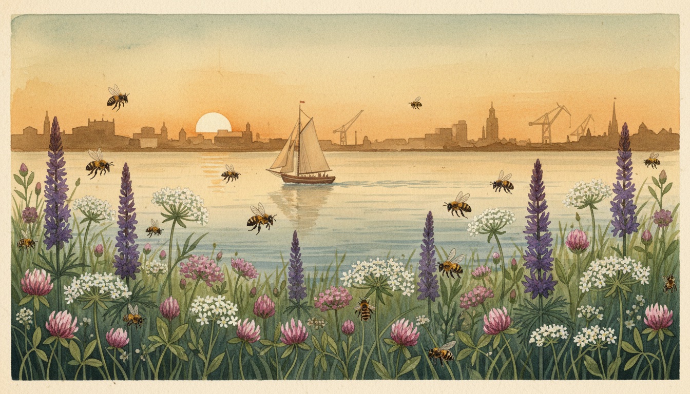 Bienen und Wildbienen in Kiel (Schleswig-Holstein) — Aquarell-Illustration der lokalen Habitate