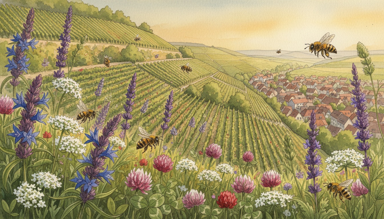 Bienen und Wildbienen in Kirchheimbolanden (Rheinland-Pfalz) — Aquarell-Illustration der lokalen Habitate