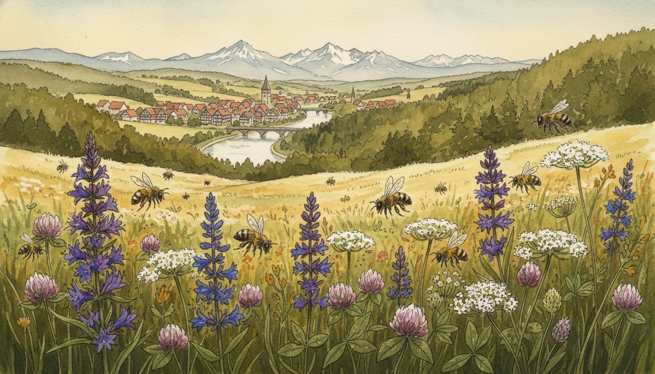 Bienen und Wildbienen in Kitzingen (Bayern) — Aquarell-Illustration der lokalen Habitate
