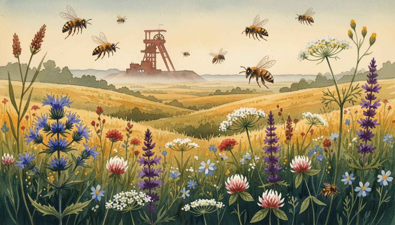 Bienen und Wildbienen in Kleve (Nordrhein-Westfalen) — Aquarell-Illustration der lokalen Habitate
