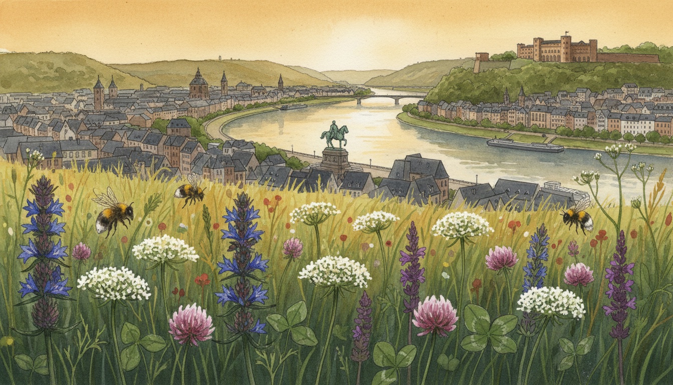 Bienen und Wildbienen in Koblenz (Rheinland-Pfalz) — Aquarell-Illustration der lokalen Habitate
