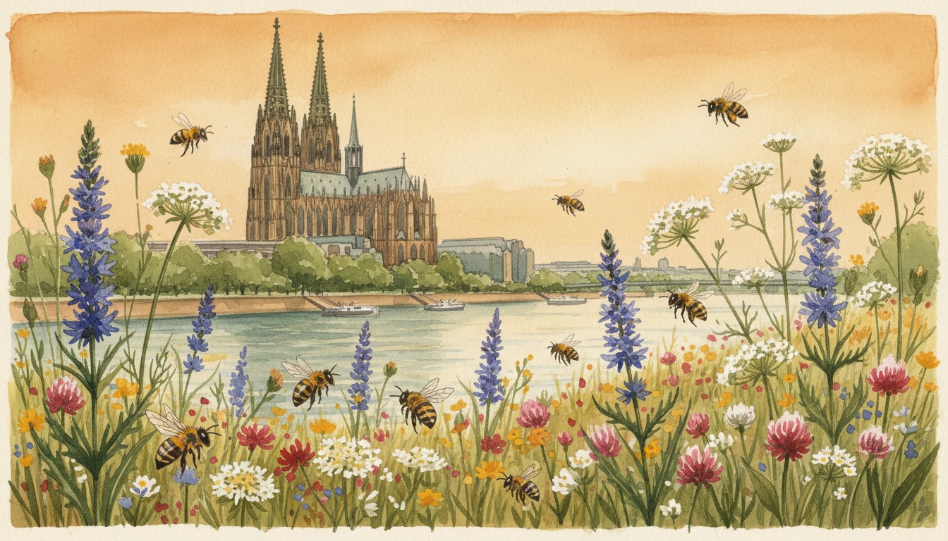Bienen und Wildbienen in Köln (Nordrhein-Westfalen) — Aquarell-Illustration der lokalen Habitate
