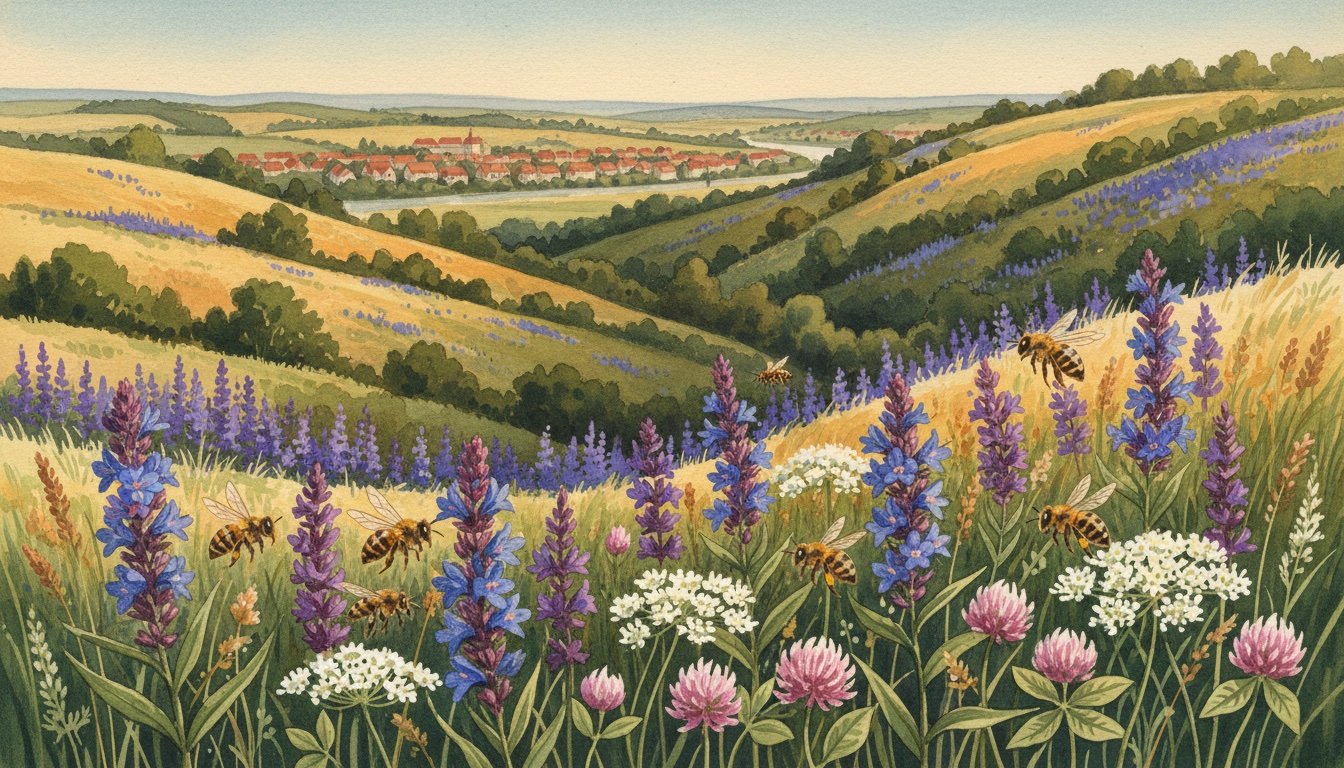 Bienen und Wildbienen in Köthen (Anhalt) (Sachsen-Anhalt) — Aquarell-Illustration der lokalen Habitate