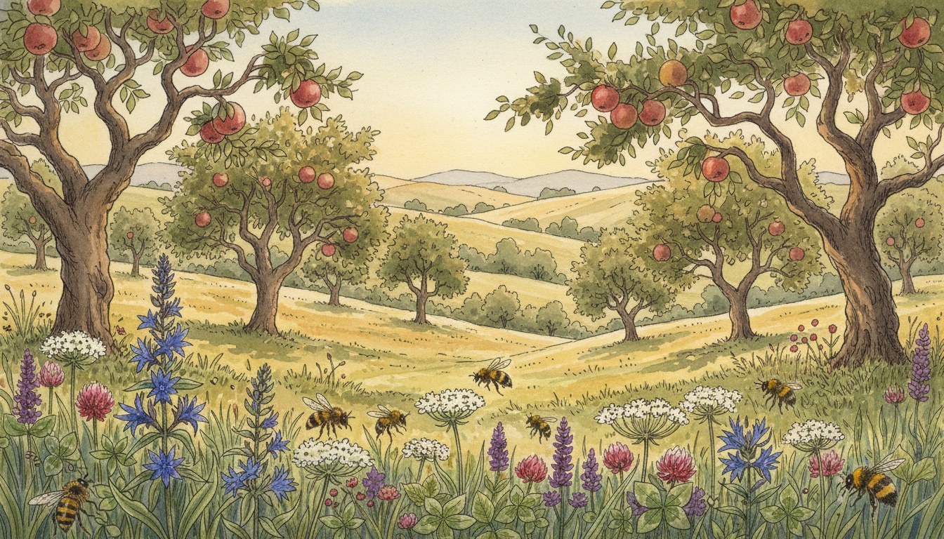 Bienen und Wildbienen in Konstanz (Baden-Württemberg) — Aquarell-Illustration der lokalen Habitate