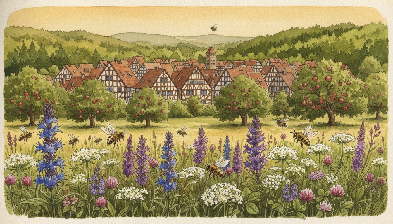 Bienen und Wildbienen in Korbach (Hessen) — Aquarell-Illustration der lokalen Habitate