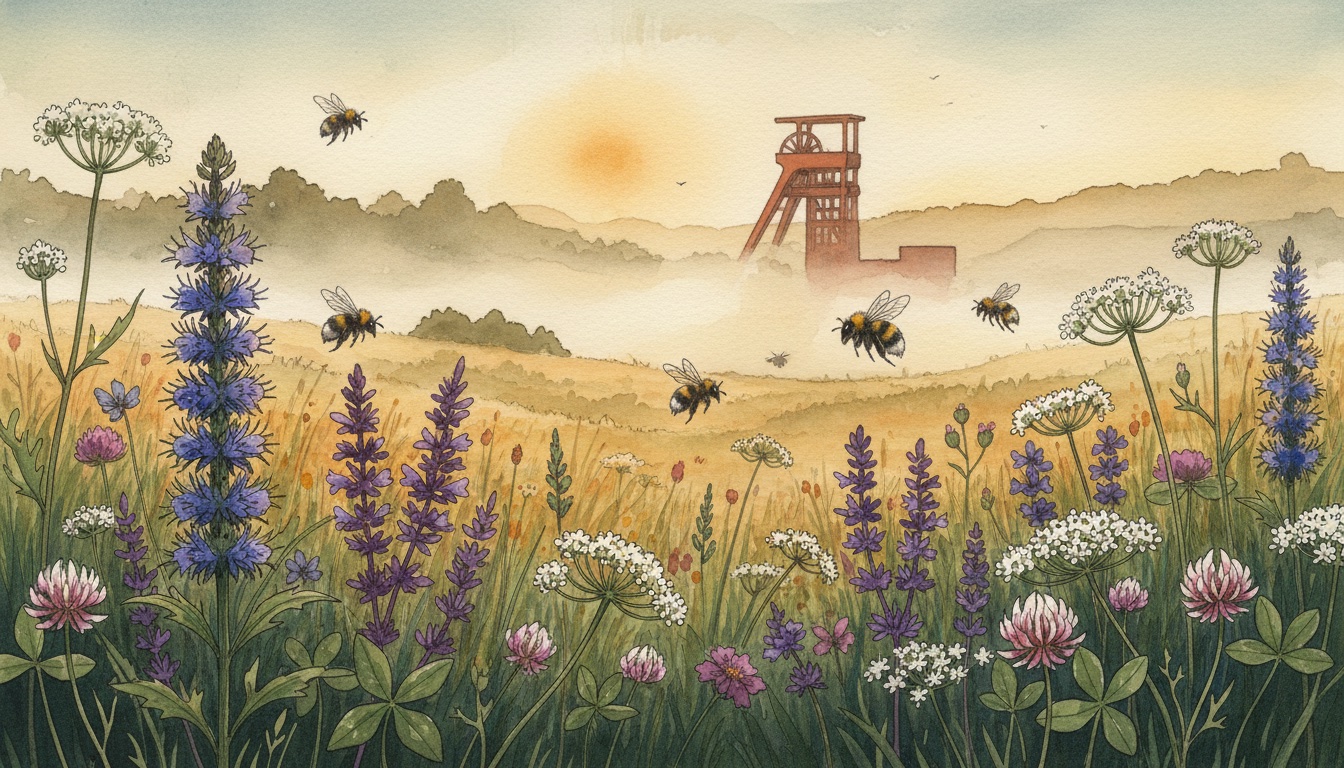 Bienen und Wildbienen in Krefeld (Nordrhein-Westfalen) — Aquarell-Illustration der lokalen Habitate