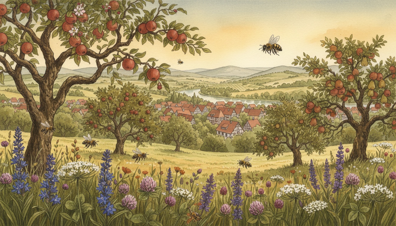 Bienen und Wildbienen in Künzelsau (Baden-Württemberg) — Aquarell-Illustration der lokalen Habitate