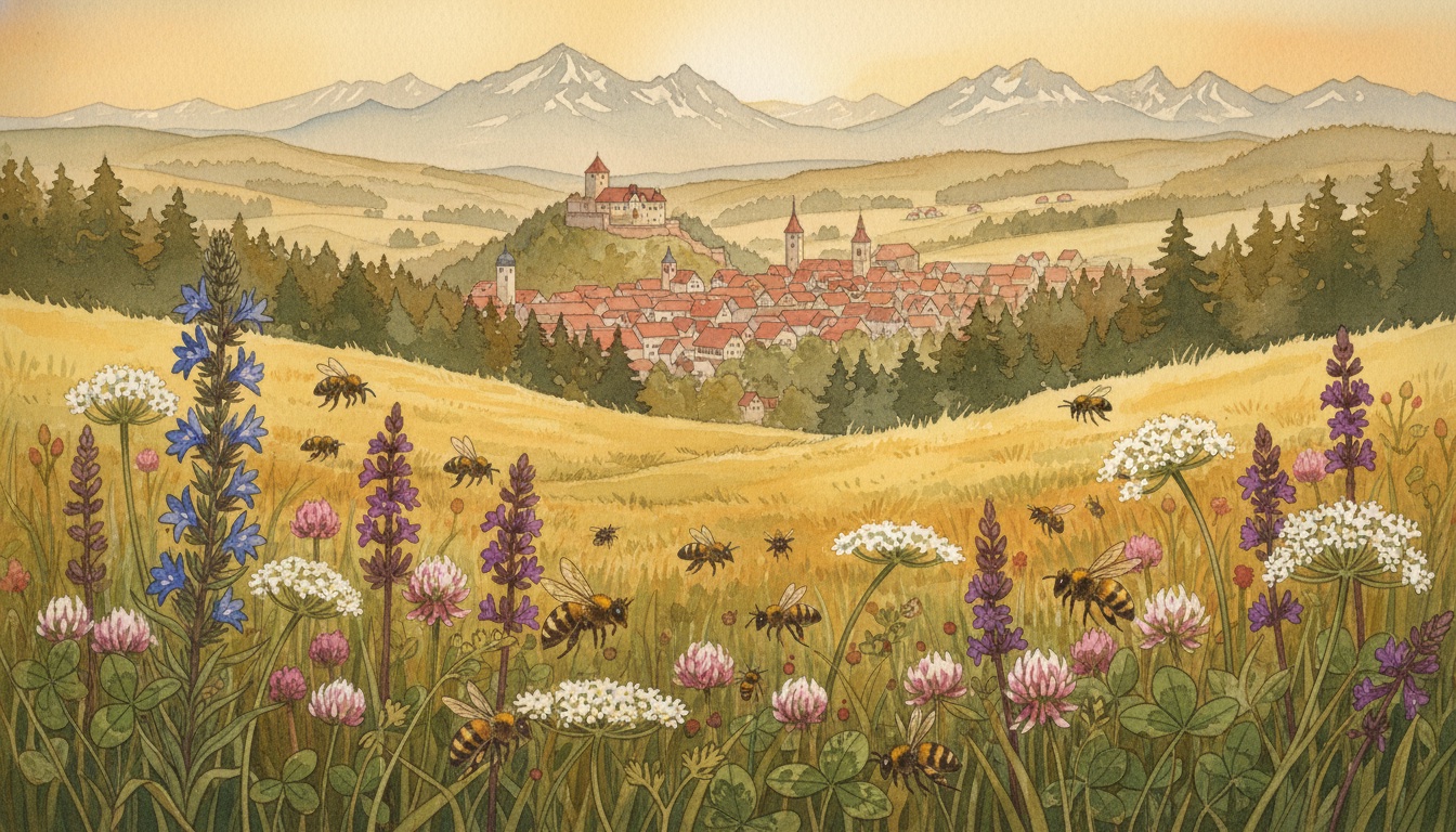 Bienen und Wildbienen in Kulmbach (Bayern) — Aquarell-Illustration der lokalen Habitate