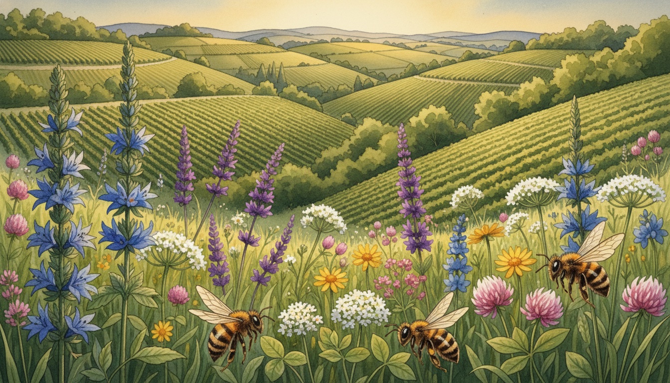 Bienen und Wildbienen in Kusel (Rheinland-Pfalz) — Aquarell-Illustration der lokalen Habitate
