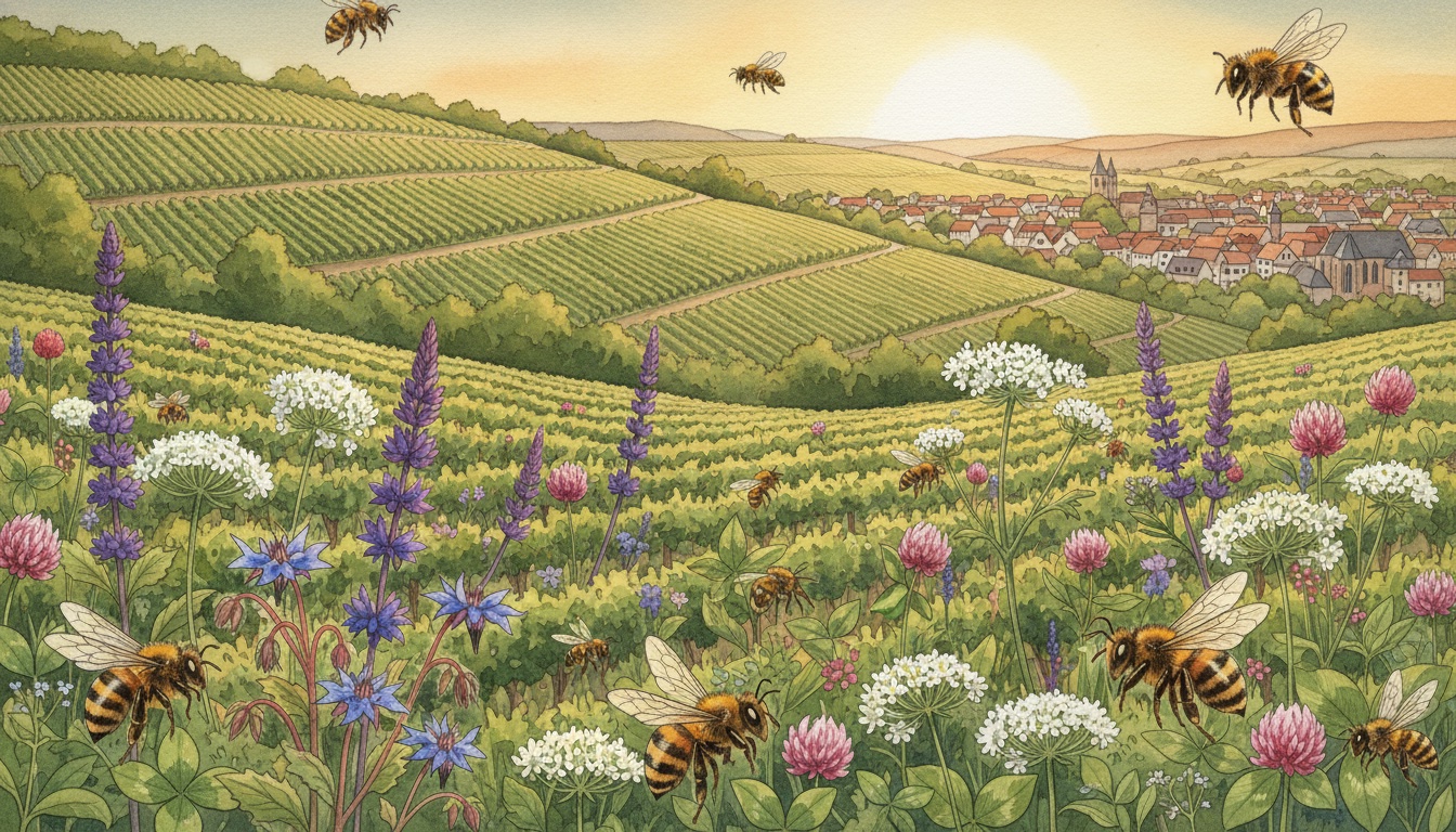 Bienen und Wildbienen in Landau in der Pfalz (Rheinland-Pfalz) — Aquarell-Illustration der lokalen Habitate